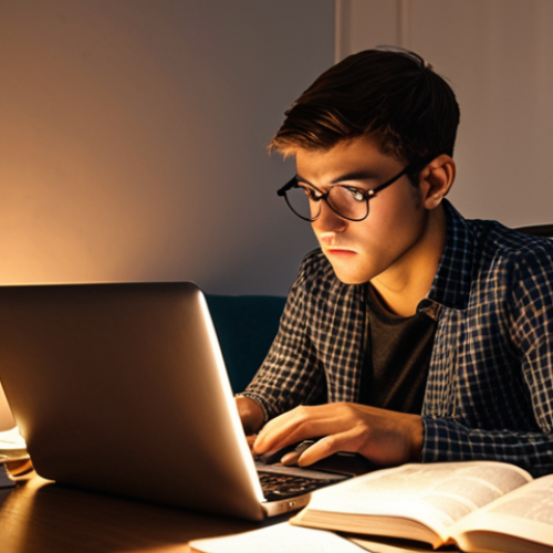**Prompt:** A determined business professional, illuminated by a soft glow, diligently studies marketing textbooks and past exam papers late into the night. The scene is set in a cozy, modern apartment with a laptop displaying online study resources. Emphasize dedication and the pursuit of career advancement.