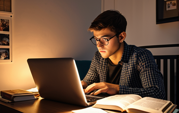 **Prompt:** A determined business professional, illuminated by a soft glow, diligently studies marketing textbooks and past exam papers late into the night. The scene is set in a cozy, modern apartment with a laptop displaying online study resources. Emphasize dedication and the pursuit of career advancement.