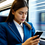 **Prompt:** A determined woman in professional attire, studying on a train using a smartphone app, focus on the screen displaying study materials, modern train interior background, fully clothed, safe for work, appropriate content, perfect anatomy, natural pose, high-quality digital art, professional, modest.