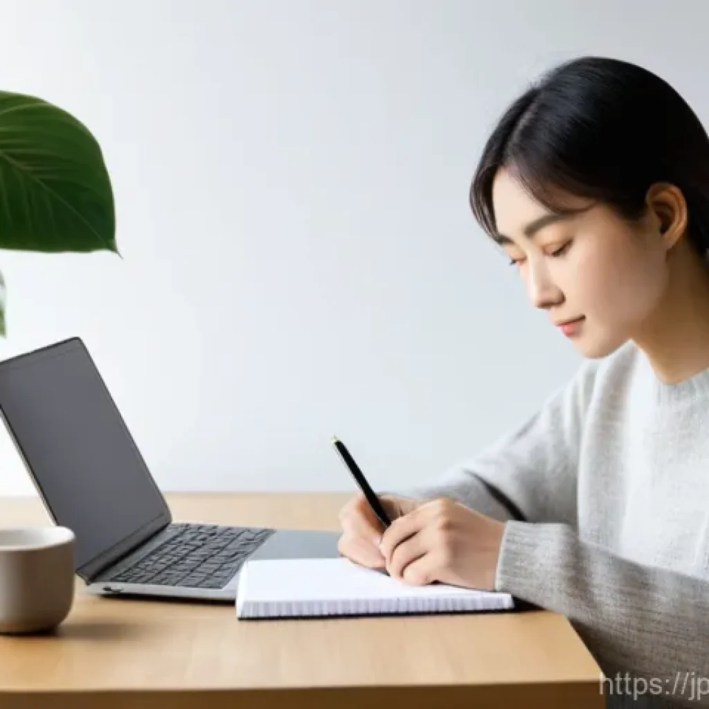 마케팅관리사 필기 대비 학습 스케줄 - **Prompt: "A focused Japanese woman, around 28 years old, sitting comfortably at a modern, clean des...