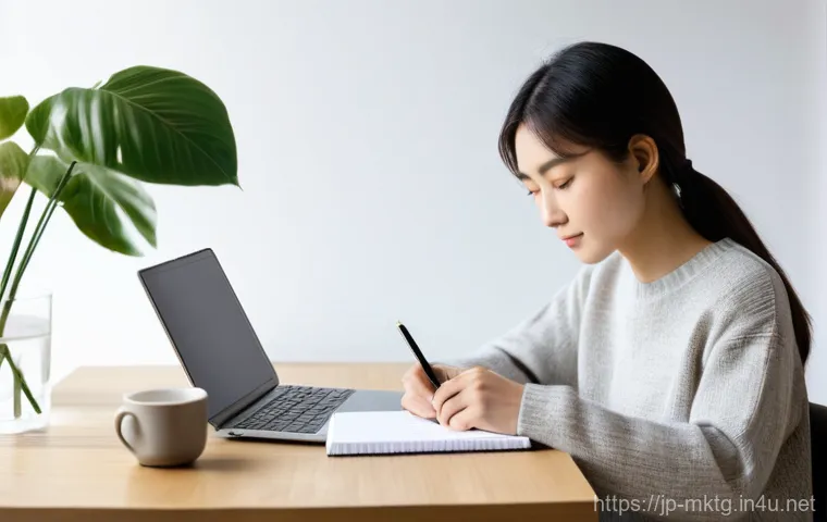 마케팅관리사 필기 대비 학습 스케줄 - **Prompt: "A focused Japanese woman, around 28 years old, sitting comfortably at a modern, clean des...