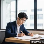 마케팅관리사 실기 시험 성공 사례 - A modern Japanese office setting where a focused young Japanese professional in business casual atti...