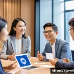마케팅관리사 자격증 관련 네트워크 활동 - A modern Japanese business networking event scene featuring diverse professionals in smart casual at...