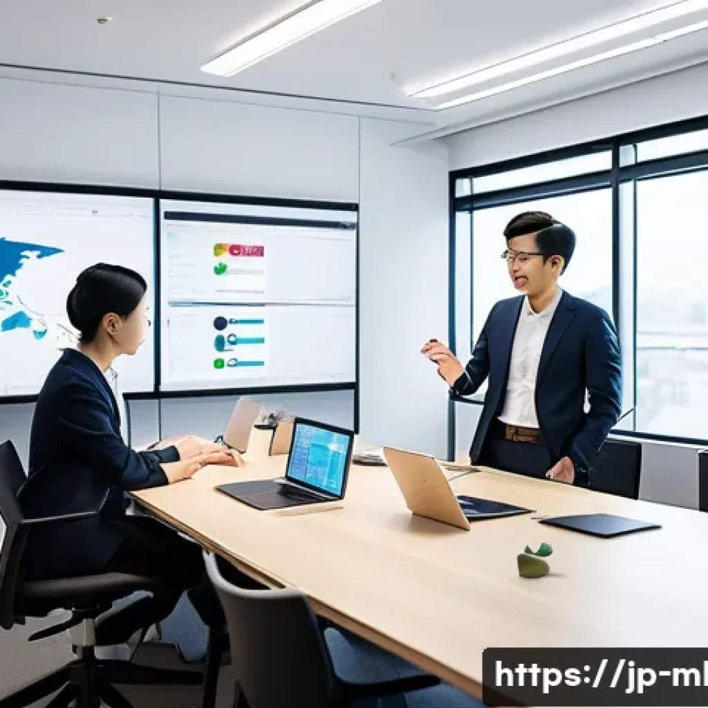 마케팅관리사와 디지털 마케팅의 연계성 - A modern Japanese digital marketing office scene featuring a diverse team of professionals collabora...