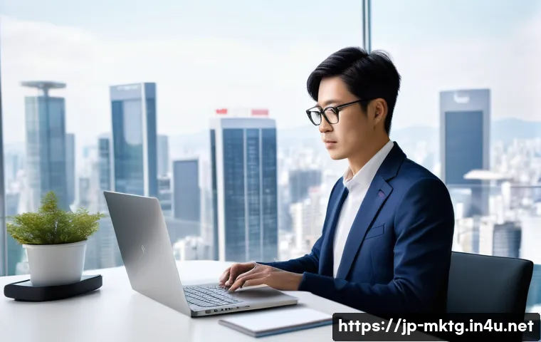 마케팅관리사 합격 후 자기소개서 작성법 - A professional Japanese office worker in modern business attire presenting a digital marketing repor...