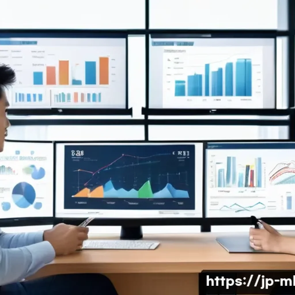 마케팅관리사와 데이터 분석 기술 - A modern Japanese marketing office scene with diverse young professionals analyzing big data on mult...