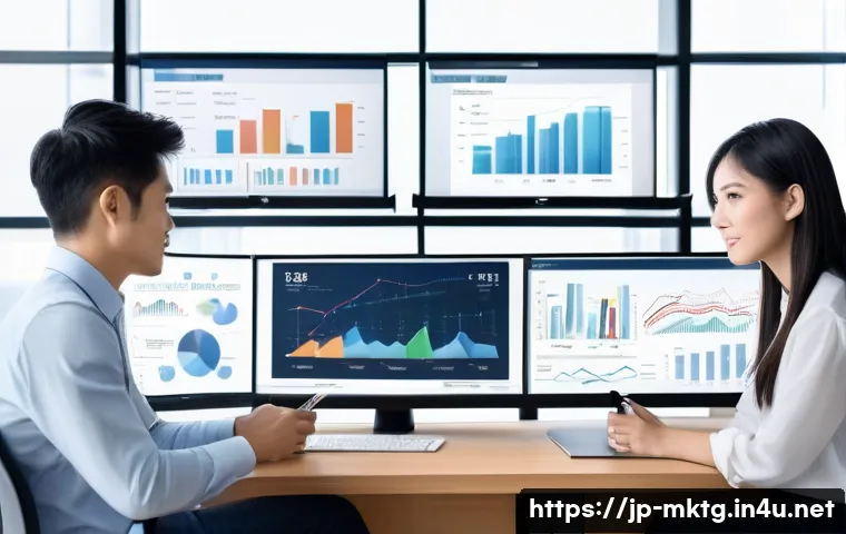 마케팅관리사와 데이터 분석 기술 - A modern Japanese marketing office scene with diverse young professionals analyzing big data on mult...