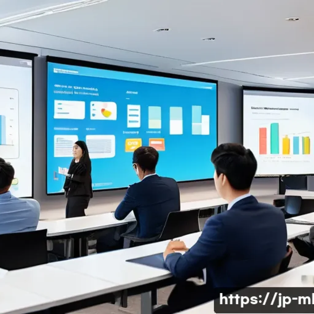 마케팅관리사 자격증 관련 추천 세미나 - A modern seminar room filled with diverse Japanese business professionals attentively listening to a...