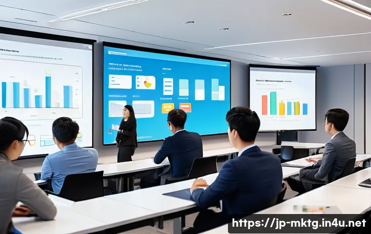 마케팅관리사 자격증 관련 추천 세미나 - A modern seminar room filled with diverse Japanese business professionals attentively listening to a...