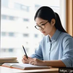 마케팅관리사 필기 공부 시작 시기 - A focused Japanese adult studying marketing management at home, sitting at a clean desk with textboo...