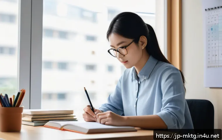 마케팅관리사 필기 공부 시작 시기 - A focused Japanese adult studying marketing management at home, sitting at a clean desk with textboo...