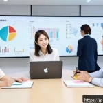 마케팅관리사 필수 이론 정리 - A modern Japanese office scene showing a diverse group of young professionals engaged in a marketing...
