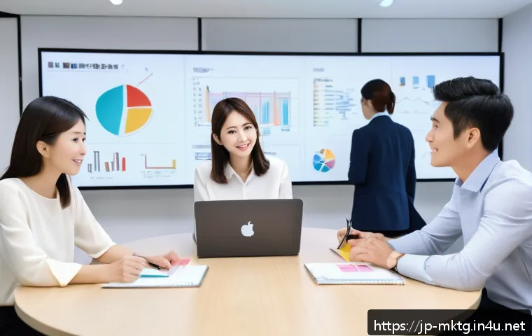 마케팅관리사 필수 이론 정리 - A modern Japanese office scene showing a diverse group of young professionals engaged in a marketing...