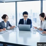 마케팅관리사 자격증과 기업 내 경력 개발 - A modern Japanese office scene featuring a diverse team of young professionals collaborating around ...