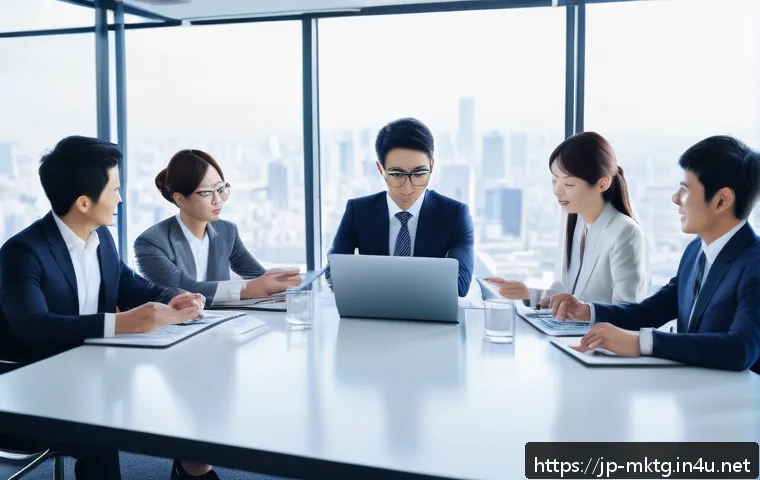 마케팅관리사 자격증과 기업 내 경력 개발 - A modern Japanese office scene featuring a diverse team of young professionals collaborating around ...