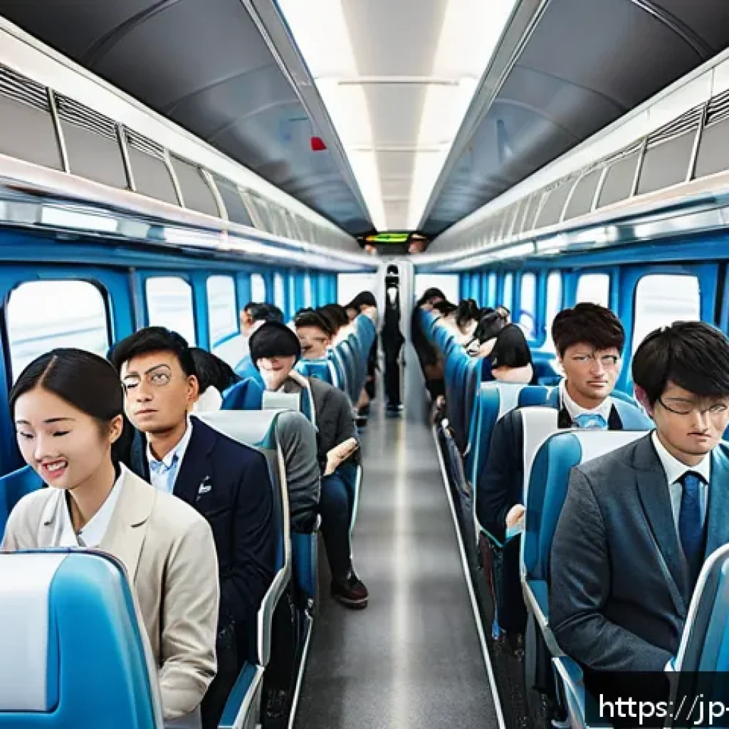 마케팅관리사 시험 준비에 도움이 되는 팟캐스트 - A modern Japanese commuter train interior scene during rush hour, with a diverse group of young prof...