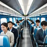 마케팅관리사 시험 준비에 도움이 되는 팟캐스트 - A modern Japanese commuter train interior scene during rush hour, with a diverse group of young prof...