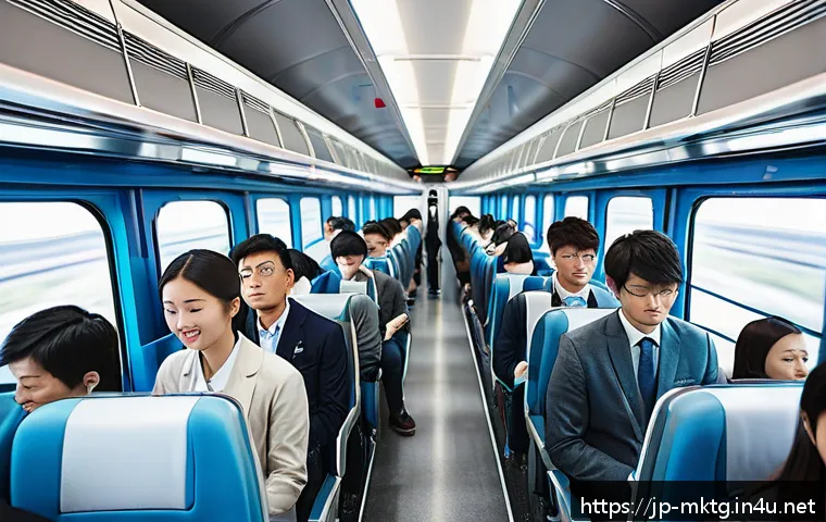 마케팅관리사 시험 준비에 도움이 되는 팟캐스트 - A modern Japanese commuter train interior scene during rush hour, with a diverse group of young prof...