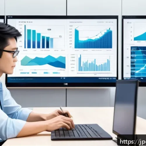 마케팅관리사 실기 시험에서 강조되는 기술 - A modern Japanese office setting with a diverse team of young marketing professionals analyzing cust...