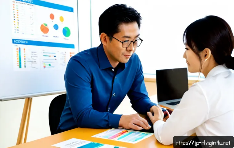 마케팅관리사 자격증과 HR 부서 협업 사례 - Photorealistic Japanese corporate meeting, a certified marketing manager and HR specialists collabor...